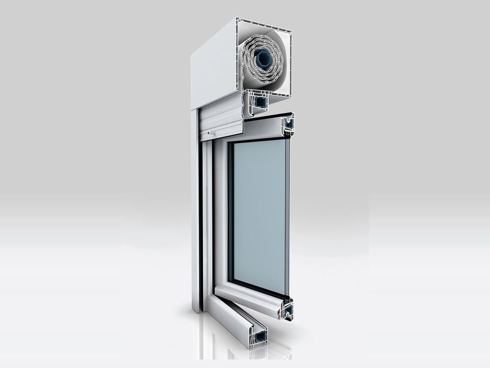 Sección de una ventana compacto: cajón de persiana aislado, ventana y doble cristal en una sola pieza